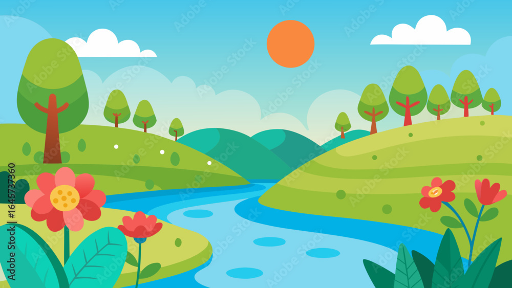 Naklejka premium Cartoon Riverside with Flowering Plants Nature Landscape Illustration