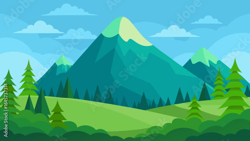 Cartoon Mountain Forest with Green Slopes Nature Landscape Illustration