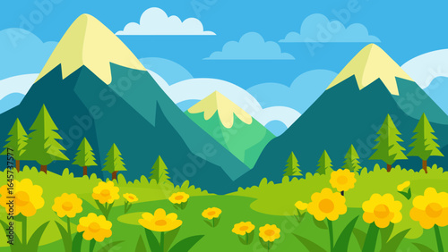 Cartoon Mountain Meadow with Yellow Flowers Nature Landscape Illustration