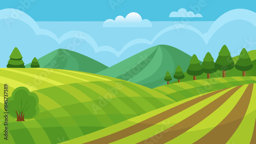 Cartoon Field with Rolling Green Slopes Nature Landscape Illustration