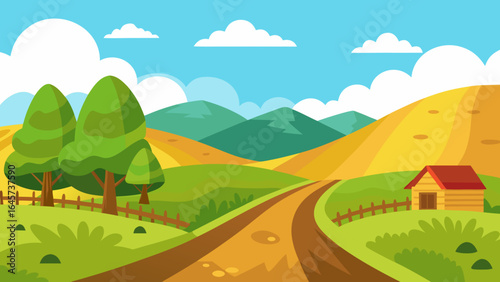 Cartoon Countryside Hills with Dirt Road Rural Landscape Illustration