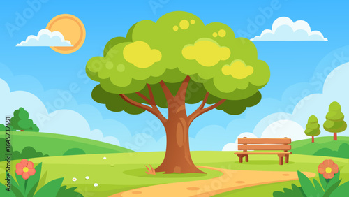 Cartoon Bright Sunny Park with Large Oak Tree Nature Landscape