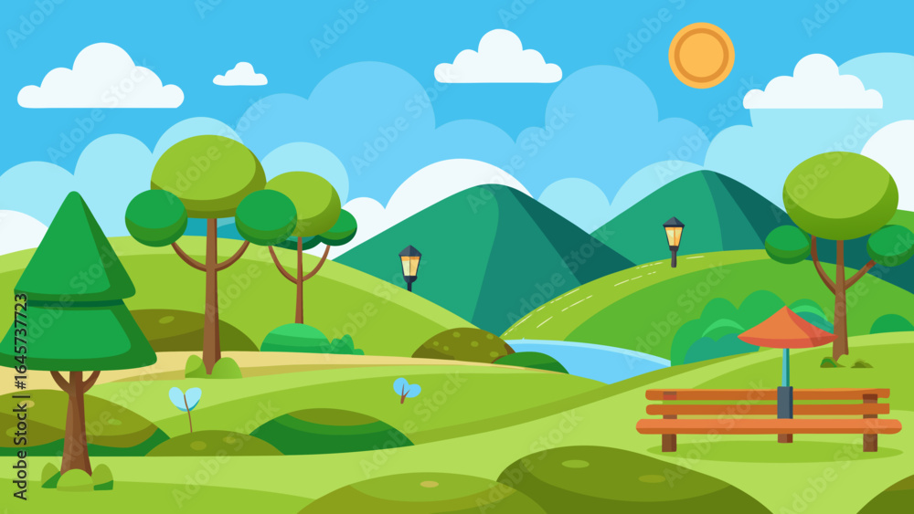 Obraz premium Cartoon Hilly Park with Green Grass Trees Nature Landscape Illustration