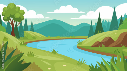 Cartoon Grassy Riverbank Wild Plants Nature Landscape Environment Illustration