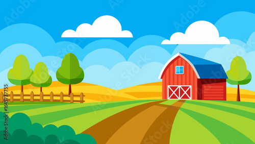 Charming Cartoon Countryside Farm Field Blue Sky Agricultural Scenery