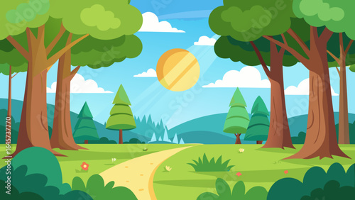 Vibrant Cartoon Sunny Glade Dense Woodland Green Grass Meadow Illustration