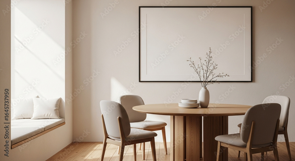 Fototapeta premium Bright dining room interior with table, chairs, frame and decoration