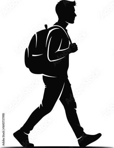 Silhouette of a man walking with a backpack, representing travel, adventure, tourism, and a journey or hike