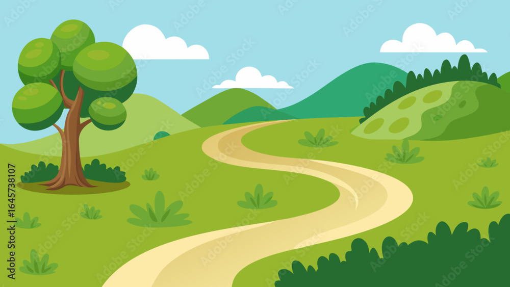 Fototapeta premium Scenic Cartoon Winding Trail Through Green Meadow Surrounded by Nature