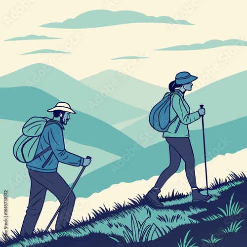 Illustration of a Couple Hiking in the Mountains with Backpacks and Walking Sticks.