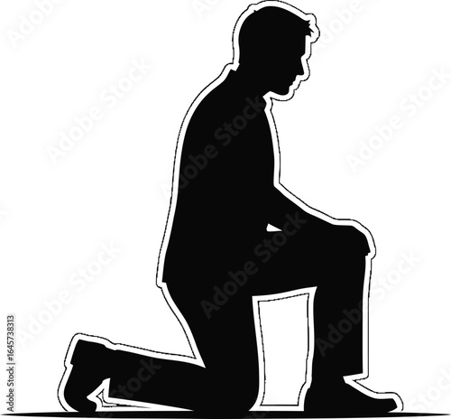 Silhouette of a man kneeling, representing prayer, respect, submission, defeat, sorrow, and repentance