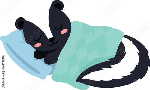 Sleeping black and white skunk wrapped in blanket resting on blue pillow vector illustration 