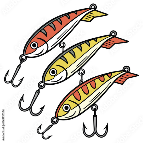 Premium vector set of brightly colored fishing lures and baits, ideal for tackle shop promotions, fishing blogs, or product packaging. Includes realistic details and scalable format.