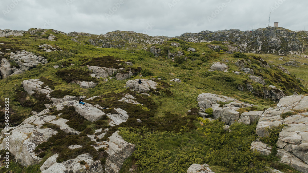 Fototapeta premium Rocky Landscape with Vegetation and Communication Tower in Norway