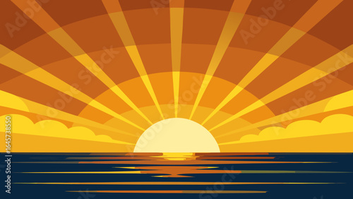 Brilliant Golden Rays Shining Over Ocean at Sunset and Reflective Water