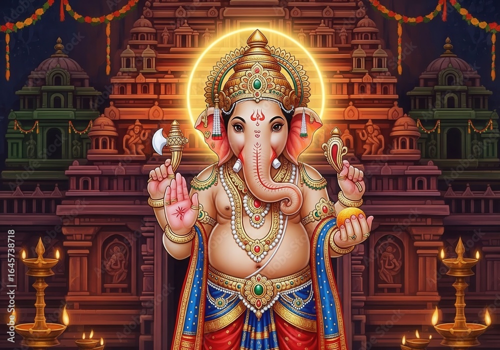 Fototapeta premium Royal Lord Ganesha Standing with Blessing Hand Gesture and Glowing Temple Background – High-Quality Festival Illustration