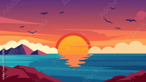 Glorious Sunset with Birds Flying Over Serene Coastal Horizon and Ocean View