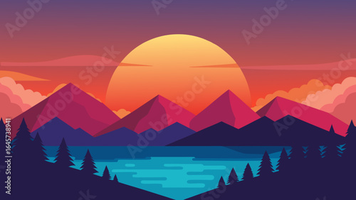 Breathtaking Sunset Horizon Behind Majestic Mountains and Calm Reflective Lake