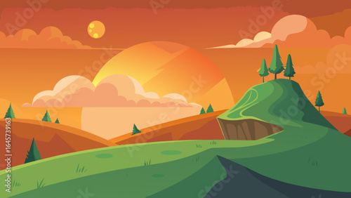 Cartoon Hilltop View at Sunset with a Warm Orange Glow