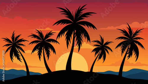 Palm Silhouettes against a Glowing Sunset Sky a Tropical Evening