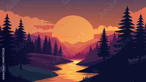 Sunset over Calm River with Tall Pine Silhouettes and Golden Glow