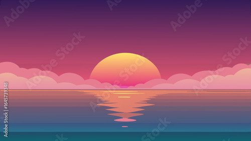 Calm Ocean Horizon at Sunset with Pink and Gold Reflection