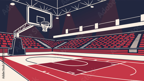 Indoor Basketball Court with Hoop and Seating Illustration.
