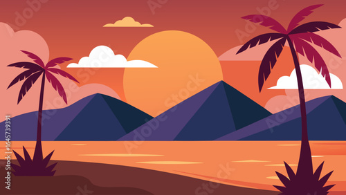 Flat Illustration of Beach Sunset with Palm Trees and Ocean View
