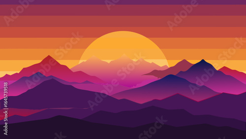 Sunset behind Layered Mountain Silhouettes with Orange Hues