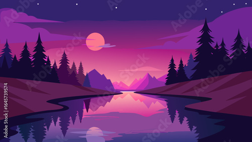Evening River Scene with Reflection of Pink and Purple Sky Colors