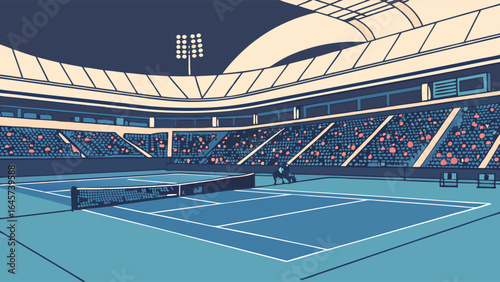 Indoor Tennis Court with Spectators in a Modern Stadium.