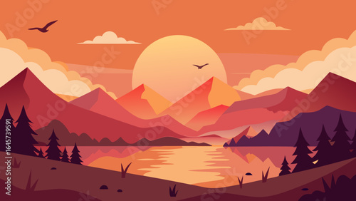 Vector Sunset View with Lake Mountains and Flying Birds Scene