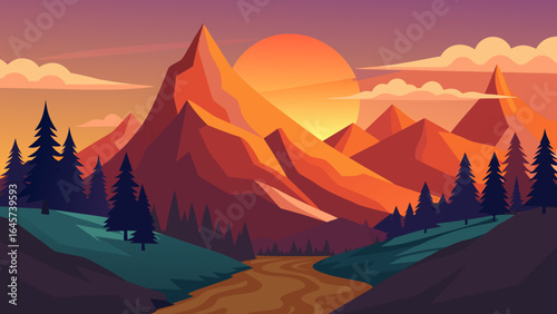 Cartoon Mountain Valley at Sunset with Pine Trees a Peaceful Landscape