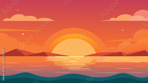 Cartoon Sunset over Calm Ocean with Warm Orange and Yellow Hues