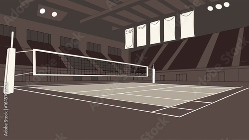 Indoor Volleyball Court with Net and Spectator Seating Illustration.