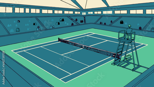 Indoor Tennis Court with Umpire in Elevated Chair.