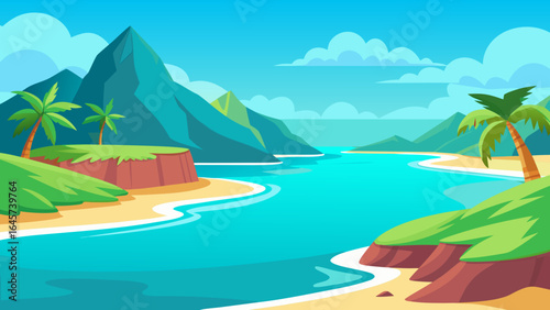 Cartoon Coastline with a Vibrant Turquoise Lagoon and Clear Water