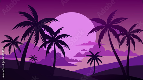 Palm Silhouettes against a Stunning Violet Sunset a Tropical Evening