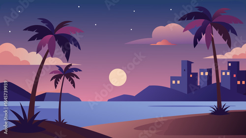 Flat Vector Illustration of Palm Beach at Dusk with a Tranquil Sky