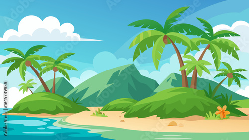 Tropical Island Scene featuring Lush Greenery and a Serene Landscape