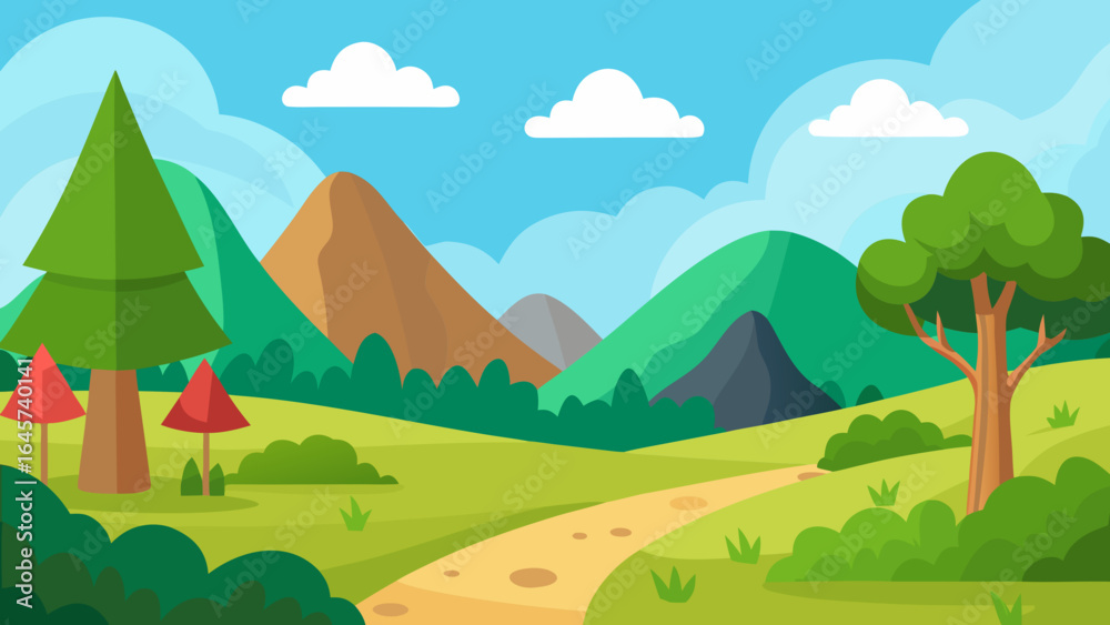 Fototapeta premium Cartoon Nature Scene with Rolling Hills and a Dense Green Forest
