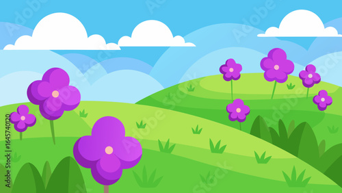 Cartoon Hilly Meadow featuring Vibrant Purple Flowers and Green Grass