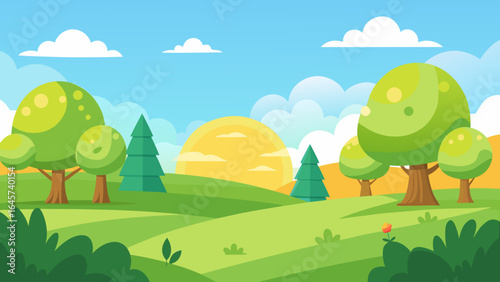 Cartoon Sunny Meadow featuring Verdant Green Bushes and Bright Light