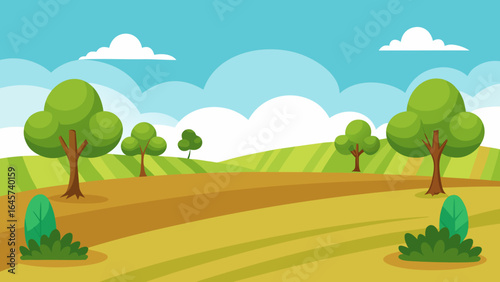 Cartoon Open Field with Small Trees creating a Peaceful Natural Scene