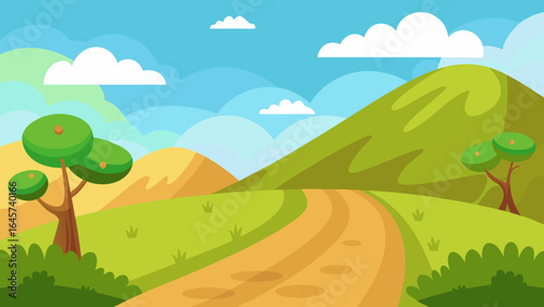 Cartoon Hilly Landscape with a Winding Dirt Trail and Natural Views