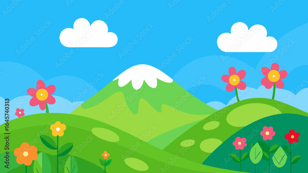 Obraz premium Cartoon Hills with Colorful Flowers and a Vibrant Bright Blue Sky