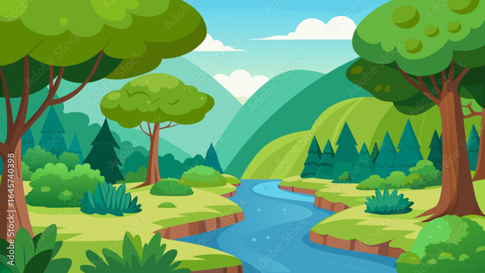 Fototapeta premium Cartoon Riverside Forest with Lush Green Plants and Calm Water