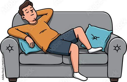 Man Relaxing on Gray Sofa with Blue Pillows Wearing Orange Shirt and Shorts Vector Illustration 