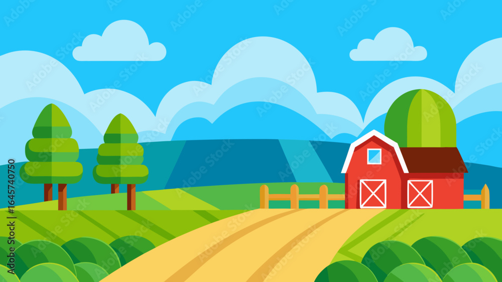 Fototapeta premium Cartoon Countryside Farm Field with Bright Blue Sky Above