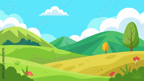 Cartoon Rolling Meadow with Distant Hills Under a Blue Sky